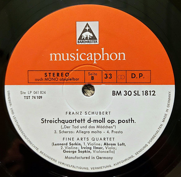 Franz Schubert - The Fine Arts Quartet : Streichquartett D-Moll Op. Posth. "Der Tod Und Das Mädchen" (LP, Album)