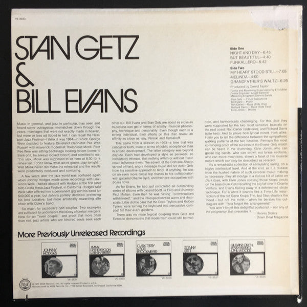 Stan Getz & Bill Evans : Previously Unreleased Recordings (LP, Album, Mono, M/Print)