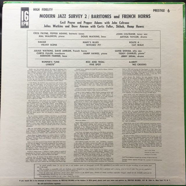 Pepper Adams, Cecil Payne, Julius Watkins, Dave Amram* : Modern Jazz Survey 2 / Baritones & French Horns (LP, Mono)