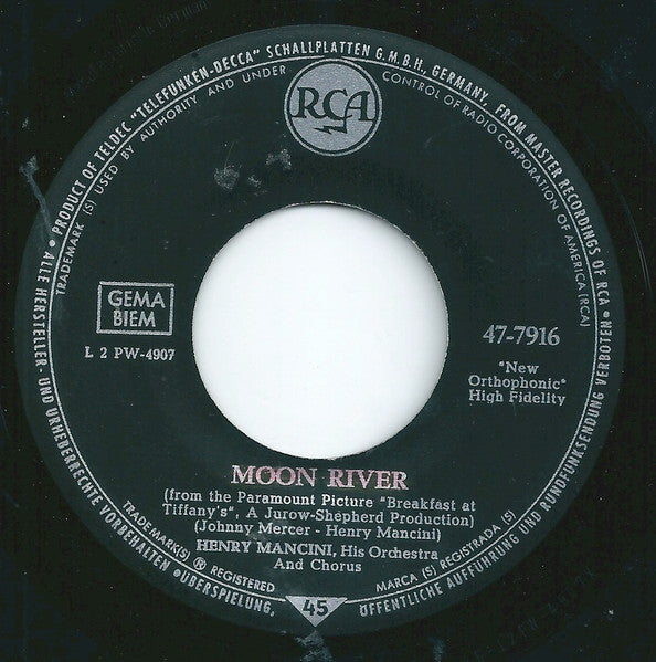Henry Mancini And His Orchestra : Moon River / Breakfast At Tiffany's (7", Single, Mono)
