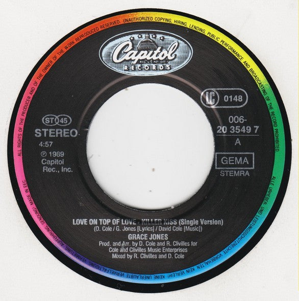Grace Jones : Love On Top Of Love (Killer Kiss) (7")