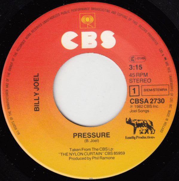 Billy Joel : Pressure (7", Single)
