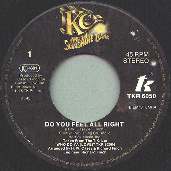 KC And The Sunshine Band* : Do You Feel All Right (7", Single)