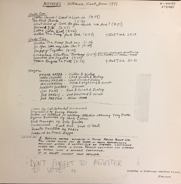 The Mothers : Fillmore East June 1971 (LP, Album, RE)