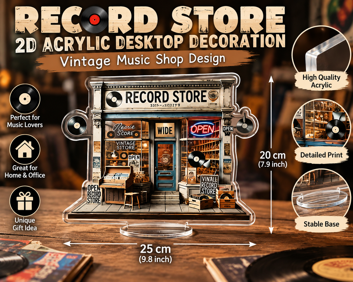 2D - Vintage Record Store Acrylic Decoration – 25 × 20 cm – Vinyl Record Shop Display