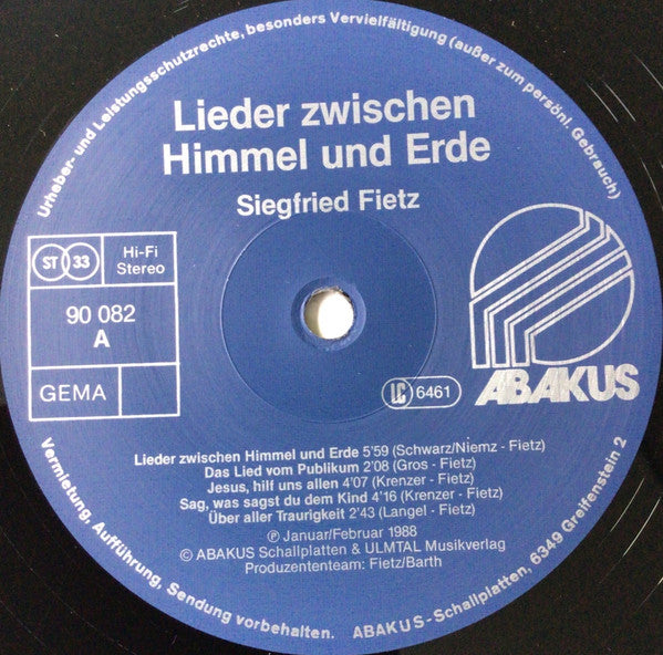 Siegfried Fietz : Lieder Zwischen Himmel Und Erde (LP, Album)