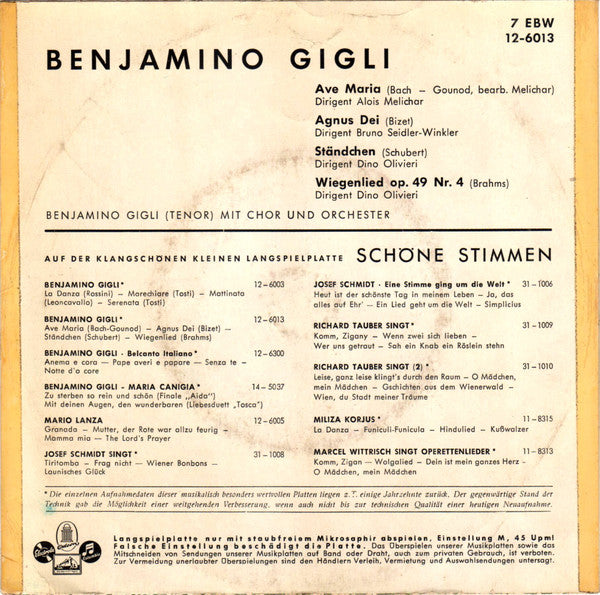 Beniamino Gigli : Benjamino Gigli Mit Chor Und Orchester (7", EP, Mono)