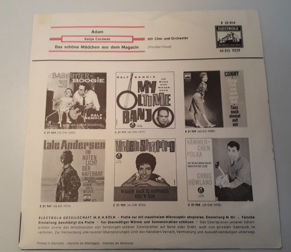 Sonja Cordeau : Adam / Das Schöne Mädchen Aus Dem Magazin (7", Single)