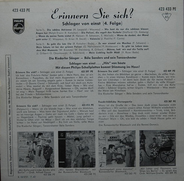 Die Rixdorfer Sänger : Erinnern Sie Sich? Schlager Von Einst - 4. Folge (7", EP, Mono)