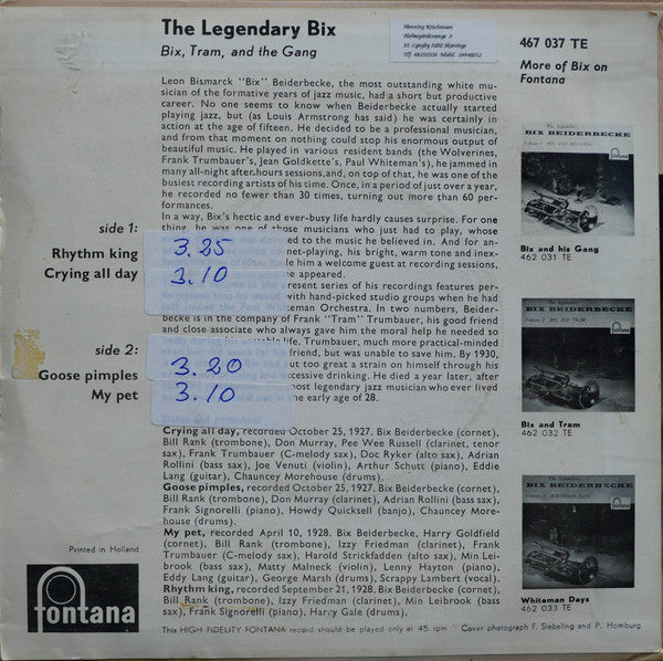 Bix Beiderbecke : The Legendary Bix Beiderbecke (Bix, Tram And The Gang) (7", EP)