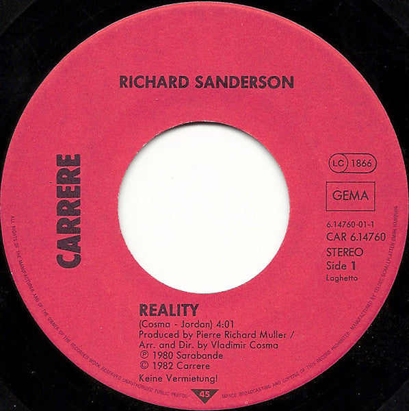 Richard Sanderson / Paul Hudson : Reality / I Can't Swim (7", Single)