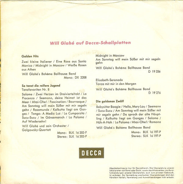 Will Glahé's Boheme Ballhouse Band : Ich Kauf' Mir Lieber Einen Tirolerhut / Bonanza (7", Single)