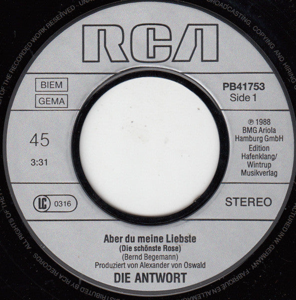 Die Antwort (2) : Aber Du Meine Liebste (Die Schönste Rose) / Unten Am Hafen (7", Single)