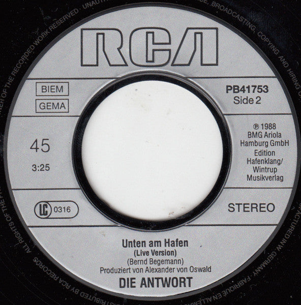 Die Antwort (2) : Aber Du Meine Liebste (Die Schönste Rose) / Unten Am Hafen (7", Single)