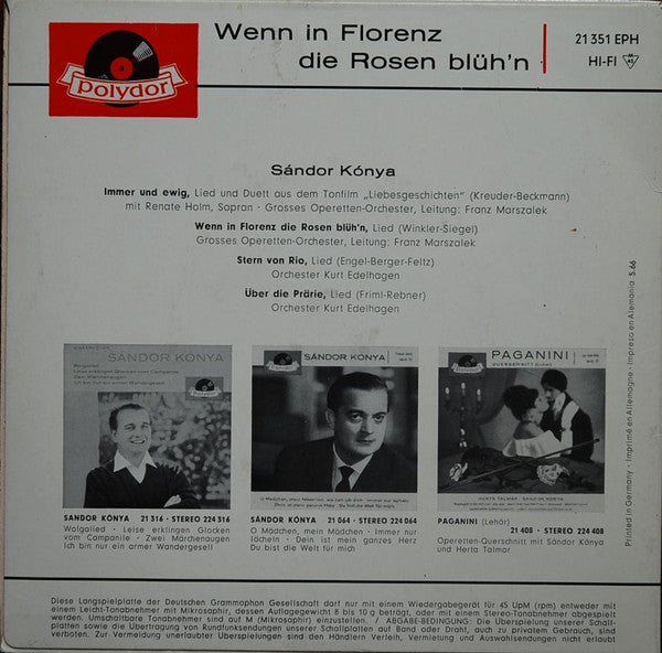 Sándor Kónya : Wenn In Florenz Die Rosen Blüh'n (7", EP, Mono, RP)