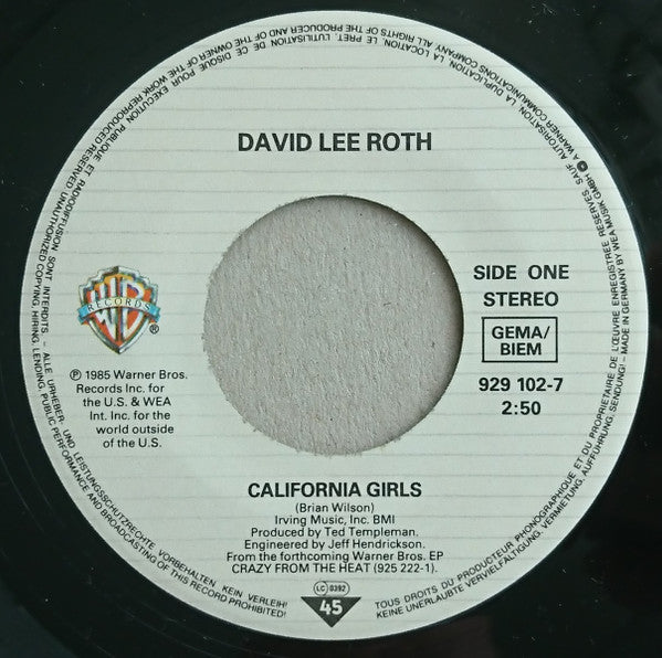 David Lee Roth : California Girls (7", Single)