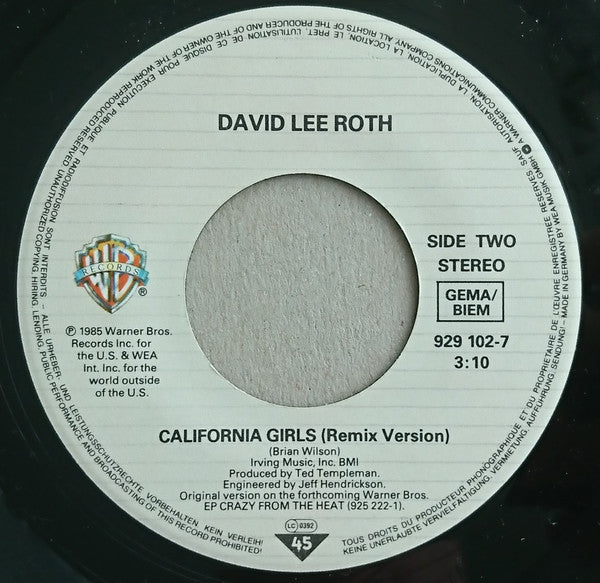 David Lee Roth : California Girls (7", Single)