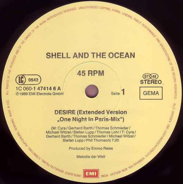 Shell And The Ocean : Desire (One Night In Paris Mix) (12", Maxi)