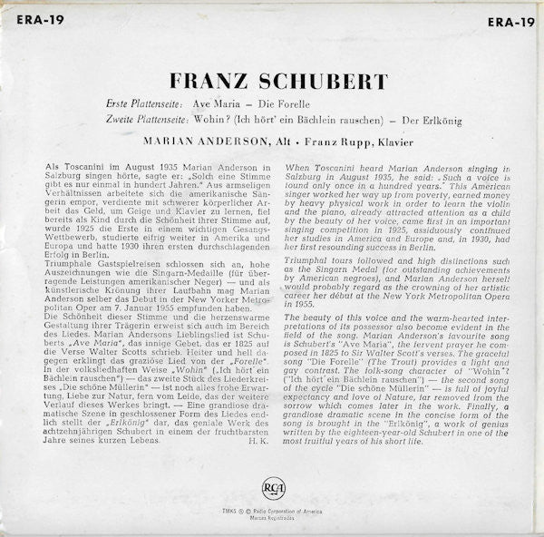 Marian Anderson : Ave Maria And Other Schubert Songs (7", EP)