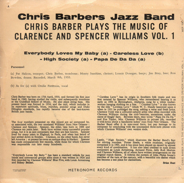 Chris Barber : Chris Barber Plays The Music Of Clarence And Spencer Williams Vol. 1 (7", EP)