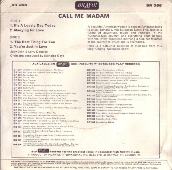 Judy Lynn And Larry Douglas (5) With Orchestra Conducted By Nicholas Goya : Call Me Madam (7", EP)