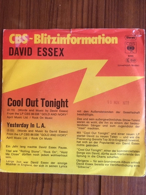 David Essex : Cool Out Tonight / Yesterday In L.A. (7", Single, Promo)