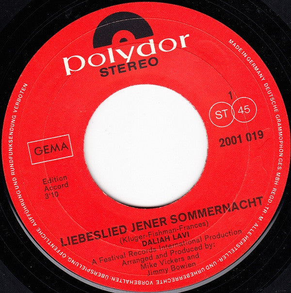 Daliah Lavi : Liebeslied Jener Sommernacht (7", Single)