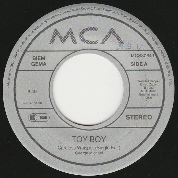 Toy Boy : Careless Whisper (I'm Never Gonna Dance Again) (7")