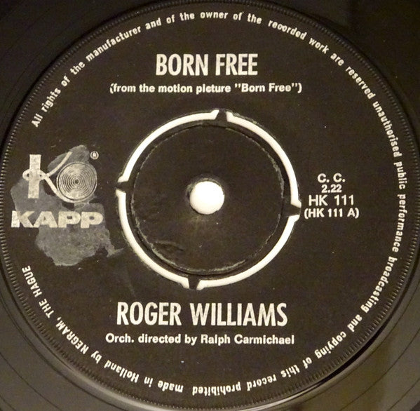 Roger Williams (2) : Born Free (7", Single)