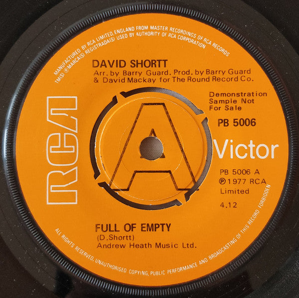 David Shortt : Full Of Empty (7", Single, Promo)