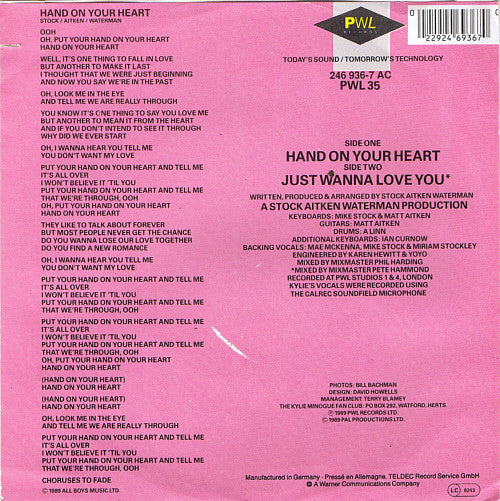 Kylie Minogue : Hand On Your Heart (7", Single)