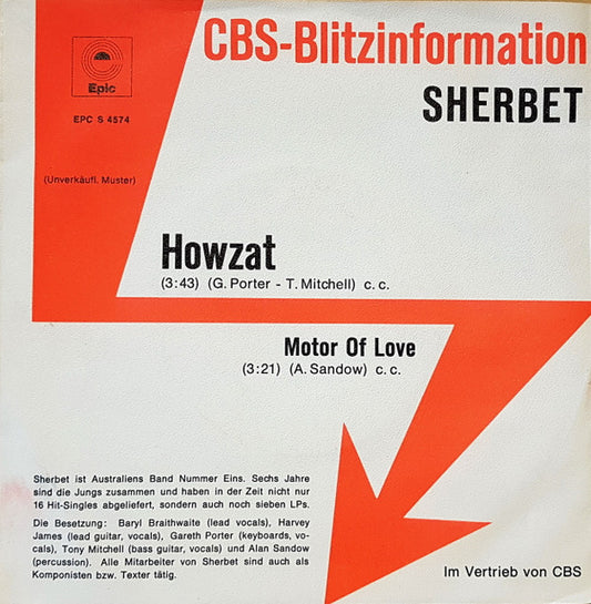 Sherbet : Howzat (7", Single, Promo)