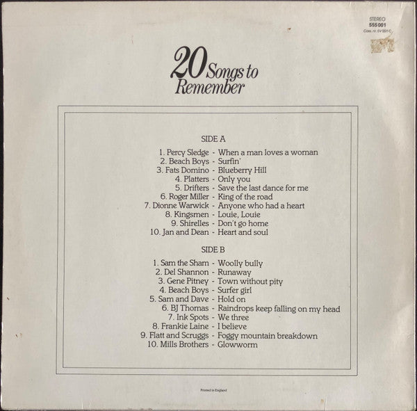 Various : 20 Songs To Remember (LP, Comp)