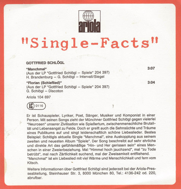 Gottfried Schlögl : Manchmal... (7", Single, Promo)
