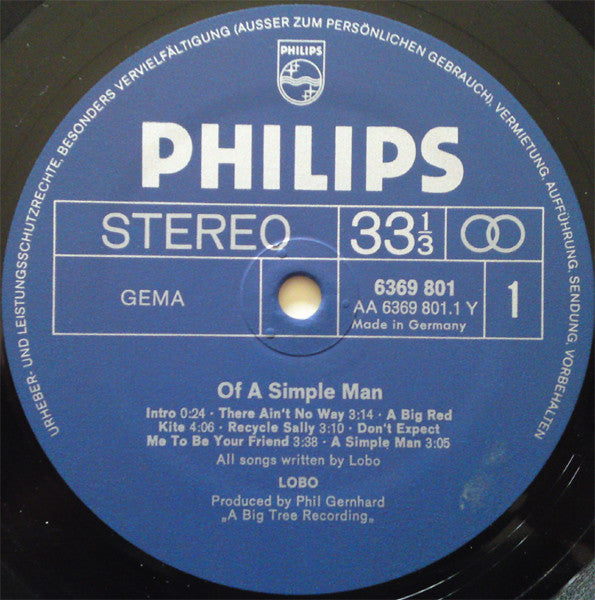 Lobo (3) : Of A Simple Man (LP, Album, RE)