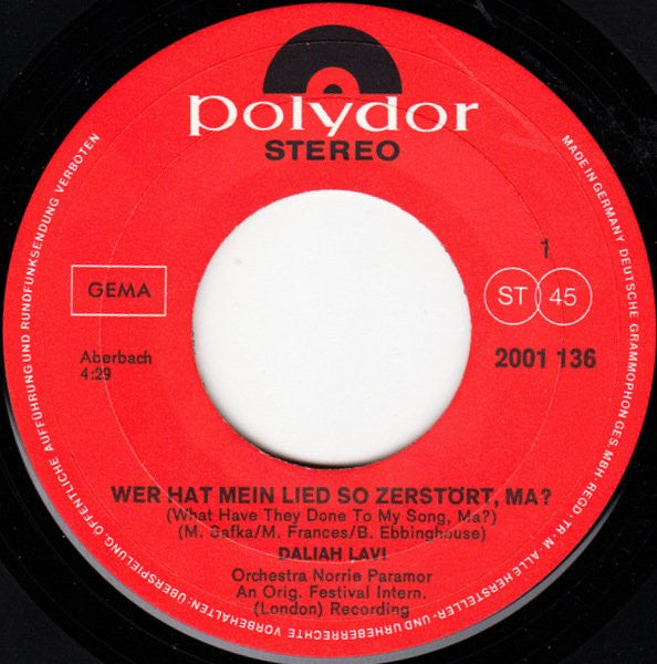Daliah Lavi : Wer Hat Mein Lied So Zerstört, Ma? (7", Single)