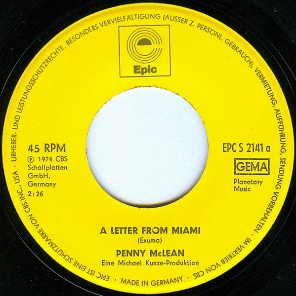 Penny McLean : A Letter From Miami (7", Single)