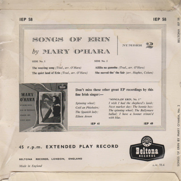 Mary O'Hara : Songs Of Erin No. 2 (7", EP, Mono)