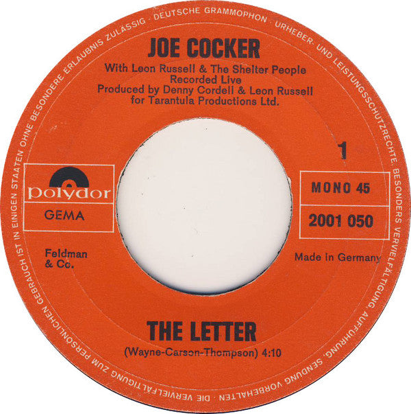 Joe Cocker : The Letter (7", Single, Mono)