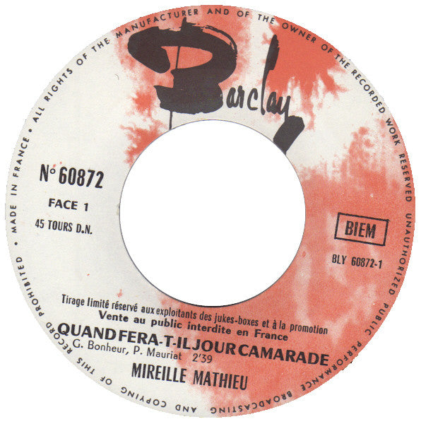 Mireille Mathieu : Quand Fera-T-Il Jour Camarade / La Vieille Barque (7", Single, Ltd, Promo)