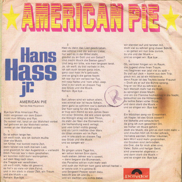 Hans Hass Jr. : American Pie Part 1 And 2 (7", Single)