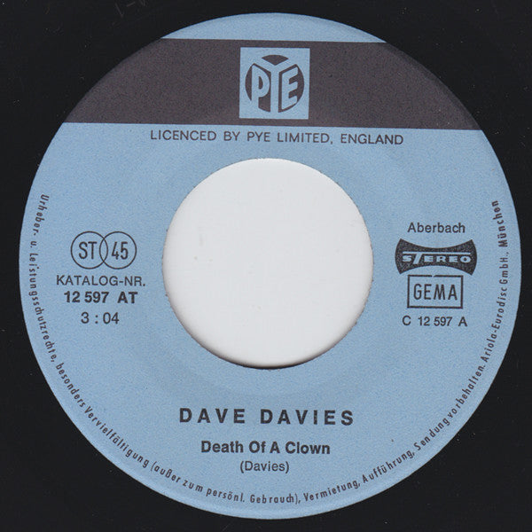 Dave Davies : Death Of A Clown (7", Single, RE)