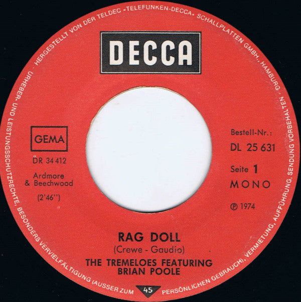 The Tremeloes featuring Brian Poole : Rag Doll / Chills (7", Single, Mono)