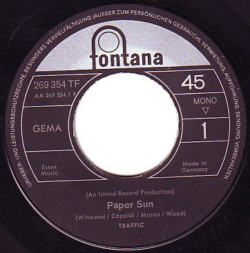 Steve Winwood And His New Group Traffic : Paper Sun (7", Single, Mono)