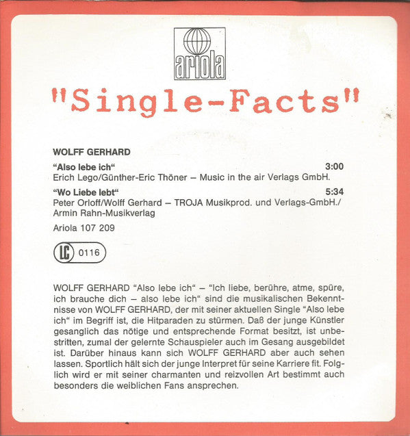 Wolff Gerhard : Also Lebe Ich (7", Single)