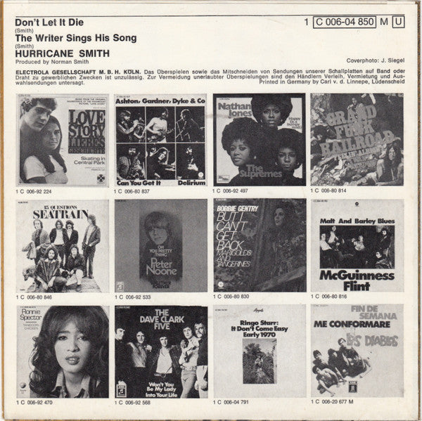 Hurricane Smith : Don't Let It Die (7", Single, Mono)