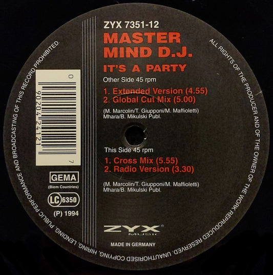Master Mind D.J. : It's A Party (12")