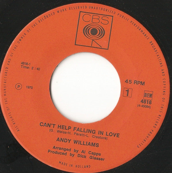 Andy Williams : Can't Help Falling In Love (7", Single)