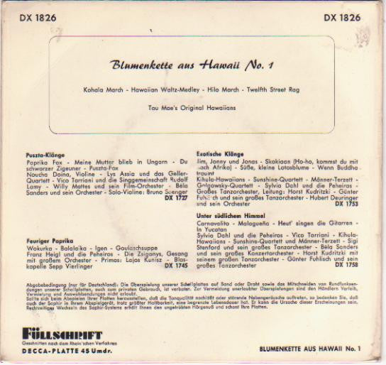Tau Moe's Original Hawaiians : Blumenkette Aus Hawaii No. 1 (7", EP, Mono)
