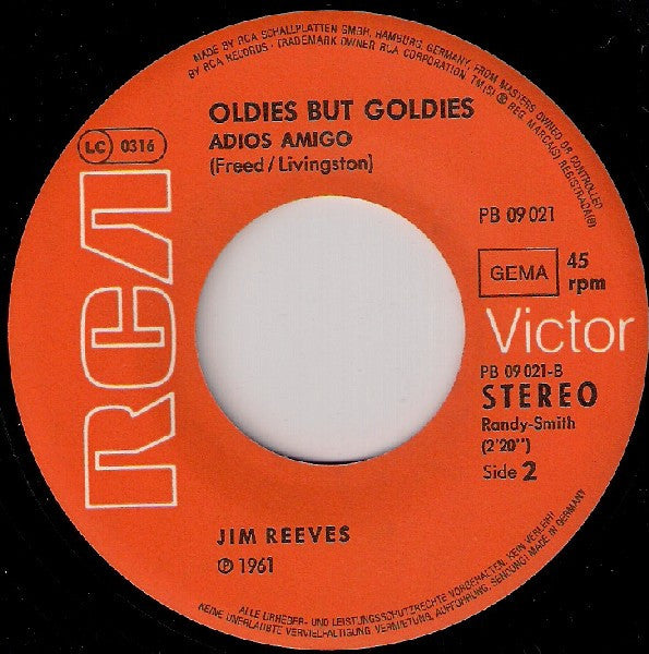 Jim Reeves : Distant Drums / Adios Amigo (7")